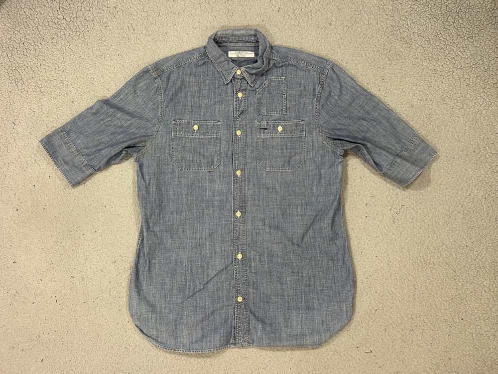 AllSaints Shirt Mens Medium Blue Chambray Button Up 3/4 Sleeve Utility Casual